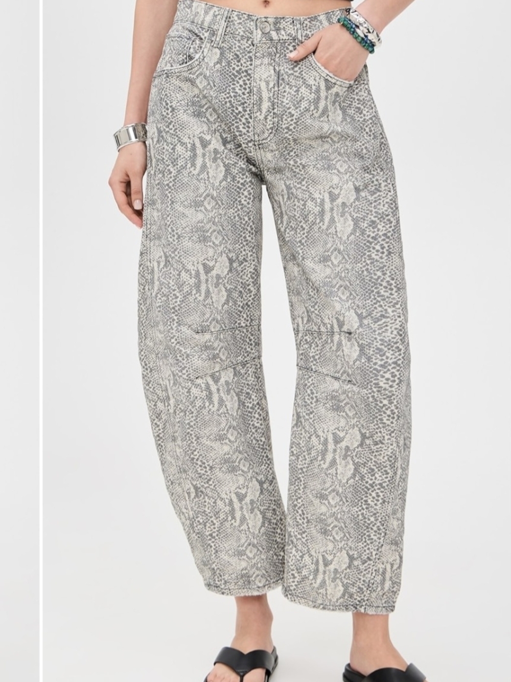 Free People We The Free Good Luck Snake Printed Mid-Rise Barrel Jeans Button Fly